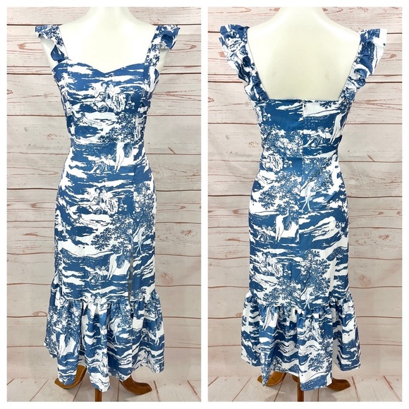 Shein Split Thigh Ruffle Strap Toscana Renaissance Print Dress - Picture 2 of 14